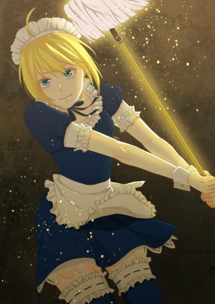 Anime picture 1000x1414 with fate (series) fate/stay night studio deen type-moon artoria pendragon (all) saber katsuki (renchamax) tall image short hair blue eyes blonde hair maid girl thighhighs frills headdress maid headdress apron mop