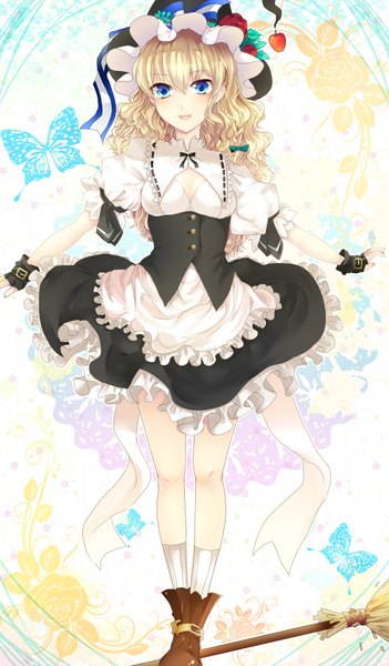 Anime picture 1200x2050 with touhou kirisame marisa tsuki ai single long hair tall image blush open mouth blue eyes blonde hair witch girl dress skirt flower (flowers) bow boots frills fingerless gloves witch hat