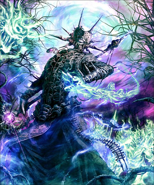 Anime picture 922x1106 with original kei-suwabe single tall image looking at viewer bare tree necromancer plant (plants) tree (trees) pendant mask staff spikes