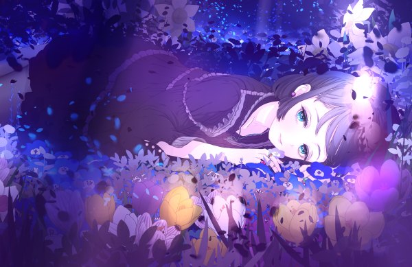 Anime picture 1200x778 with original felt (lidsan) single looking at viewer short hair blue eyes black hair lying on stomach girl dress hair ornament flower (flowers) plant (plants) earrings petals pantyhose ring
