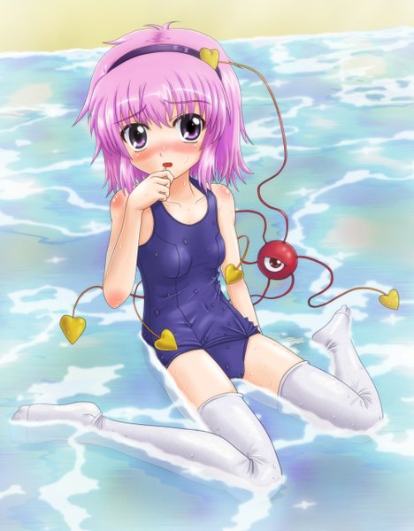 Anime picture 1000x1282 with touhou komeiji satori hamaken single tall image looking at viewer short hair open mouth light erotic sitting bare shoulders pink hair pink eyes beach sand girl hair ornament swimsuit water hairband