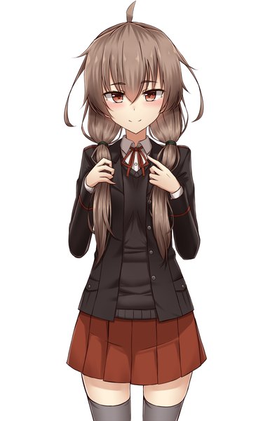 Anime picture 750x1200 with original rabochicken single long hair tall image looking at viewer blush fringe simple background smile hair between eyes red eyes brown hair white background twintails ahoge open clothes zettai ryouiki low twintails girl