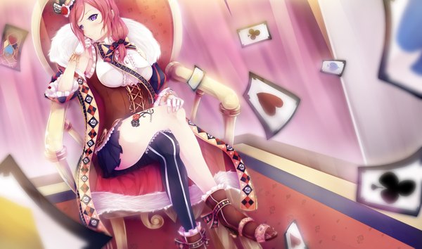 Anime picture 3603x2126 with love live! school idol project sunrise (studio) love live! nishikino maki sawa nao single looking at viewer blush highres short hair wide image sitting purple eyes absurdres red hair crossed legs girl dress card (cards)