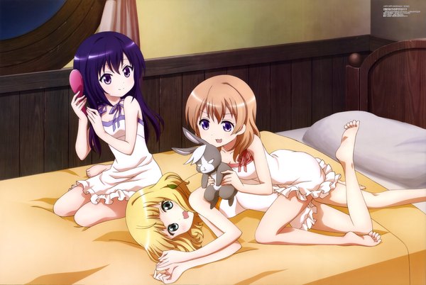 Anime picture 9046x6074 with gochuumon wa usagi desu ka? white fox hoto cocoa tedeza rize kirima sharo long hair blush highres short hair open mouth blue eyes blonde hair purple eyes multiple girls absurdres purple hair official art girl bed 3 girls