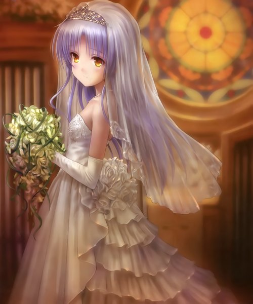 Anime picture 2101x2521 with angel beats! key (studio) tachibana kanade goto p single long hair tall image highres bare shoulders yellow eyes looking away silver hair scan official art wedding girl dress gloves flower (flowers) elbow gloves