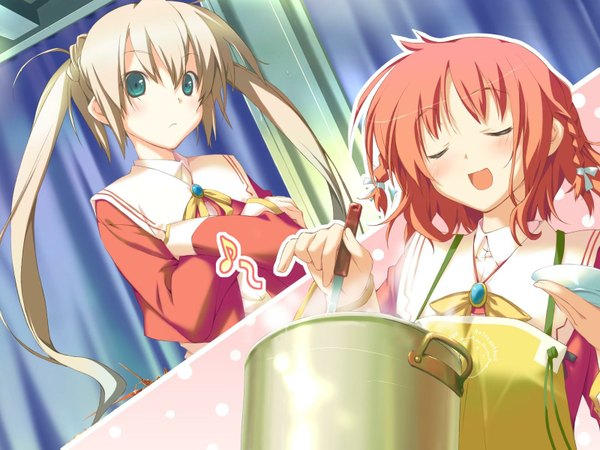 Anime picture 1600x1200 with happy margaret amagahara inaho rindou saki kokonoka long hair blush short hair open mouth blue eyes twintails multiple girls game cg white hair red hair eyes closed loli cooking girl uniform 2 girls