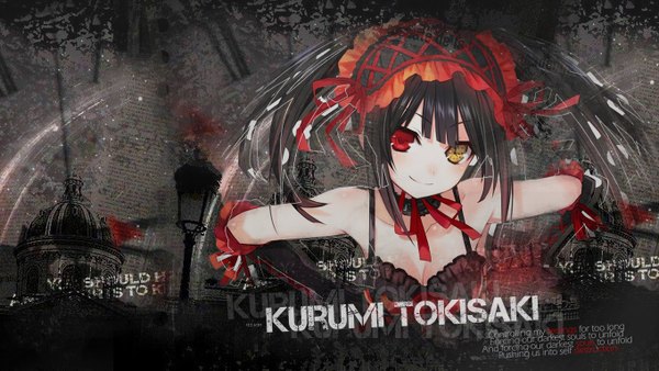 Anime picture 1360x768 with date a live tokisaki kurumi long hair looking at viewer black hair smile wide image twintails bare shoulders inscription wallpaper heterochromia lolita fashion girl dress detached sleeves headdress