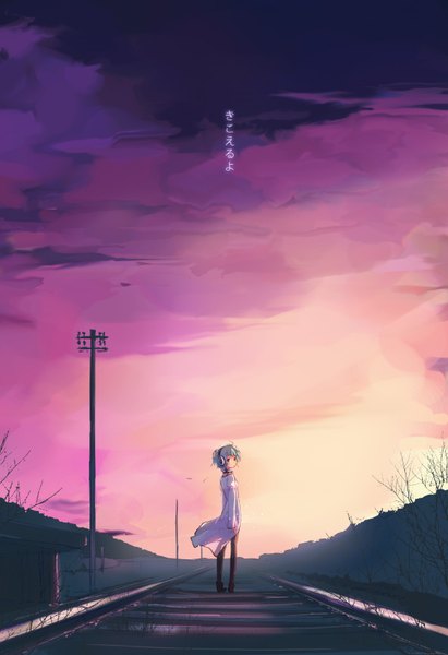 Anime picture 1096x1600 with refeia tall image short hair sky looking back aqua hair hieroglyph evening sunset girl plant (plants) tree (trees) headphones power lines railways