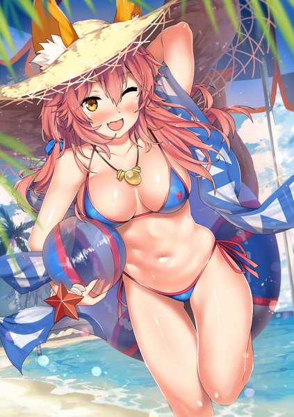 Anime picture 1171x1659 with fate (series) fate/extra tamamo (fate) (all) tamamo no mae (swimsuit lancer) (fate) kawai (purplrpouni) single long hair tall image looking at viewer blush fringe breasts open mouth light erotic hair between eyes large breasts bare shoulders animal ears yellow eyes payot