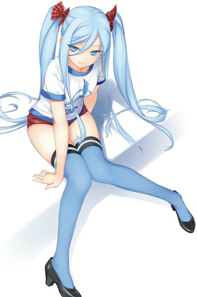 Anime picture 612x920 with aoki hagane no arpeggio takao (aoki hagane no arpeggio) rokuwata tomoe single long hair tall image looking at viewer blue eyes light erotic simple background smile hair between eyes white background sitting twintails blue hair from above shadow girl thighhighs