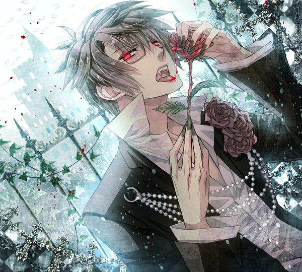 Anime picture 1000x900 with vocaloid hiyama kiyoteru shijuu hachi single looking at viewer short hair open mouth red eyes brown hair holding fingernails grey hair teeth fang (fangs) long fingernails vampire boy flower (flowers) plant (plants) shirt