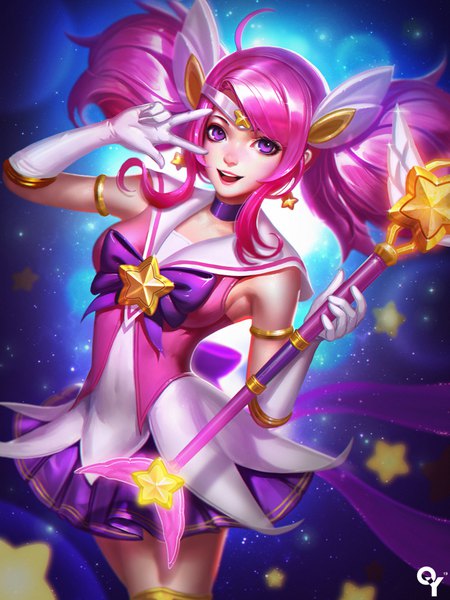 Anime picture 750x1000 with league of legends lux (league of legends) star guardian lux liang xing single long hair tall image open mouth standing purple eyes twintails signed payot pink hair ahoge :d pleated skirt realistic covered navel short twintails