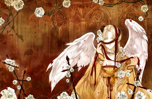 Anime picture 1448x945 with original kei shu (artist) single long hair looking at viewer open mouth blue eyes blonde hair hair flower angel wings white wings girl dress hair ornament flower (flowers) bow ribbon (ribbons) animal wings rose (roses)