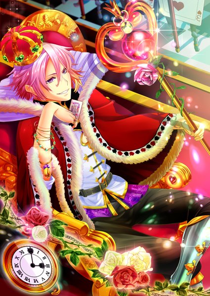 Anime picture 992x1402 with alice in wonderland queen of hearts tt-yuduki single tall image short hair smile sitting purple eyes holding pink hair crossed legs looking up genderswap boy flower (flowers) bracelet belt rose (roses) fur