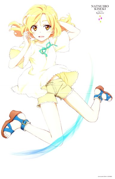 Anime picture 4411x6864 with natsuiro kiseki original mizukoshi saki single long hair tall image highres open mouth blonde hair twintails yellow eyes absurdres scan open clothes official art copyright name jumping girl shorts