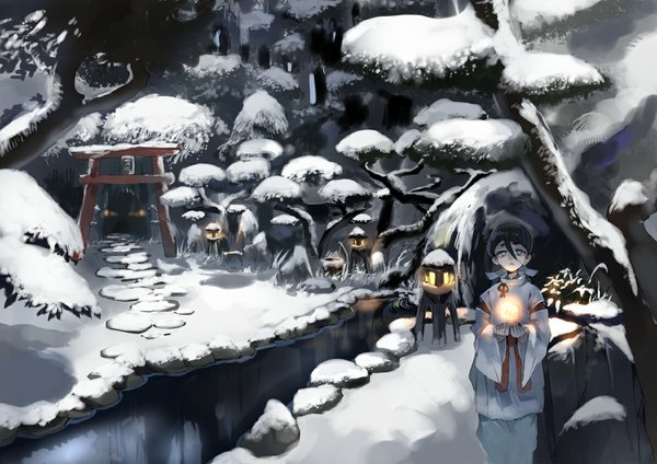 Anime picture 1192x843 with original kyouichi single looking at viewer short hair blue eyes black hair magic winter snow river boy plant (plants) tree (trees) lantern stone (stones) torii lamppost