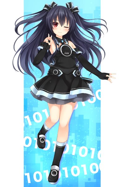 Anime picture 601x914 with choujigen game neptune uni (choujigen game neptune) kaguyuu single long hair tall image blush black hair smile red eyes twintails one eye closed wink victory girl dress gloves bow hair bow black gloves