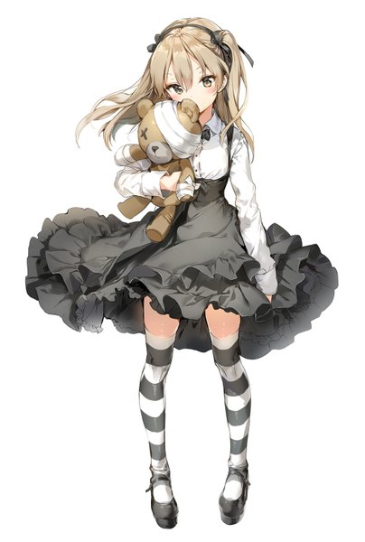 Anime picture 982x1459 with girls und panzer shimada arisu boko (girls und panzer) anmi single long hair tall image looking at viewer blush simple background brown hair white background brown eyes girl thighhighs dress bow hair bow hairband toy