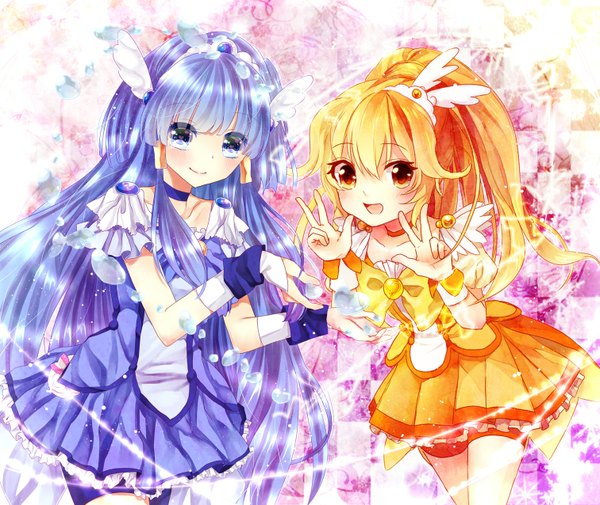 Anime picture 1512x1275 with precure smile precure! toei animation aoki reika kise yayoi cure beauty cure peace gingetsu ringo long hair looking at viewer blush open mouth blue eyes blonde hair smile multiple girls yellow eyes blue hair victory girl