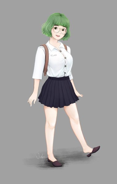 Anime picture 1299x2048 with original momo (jubi) jubi (regiana) single tall image looking at viewer fringe short hair breasts open mouth simple background large breasts standing green eyes signed full body blunt bangs pleated skirt green hair realistic