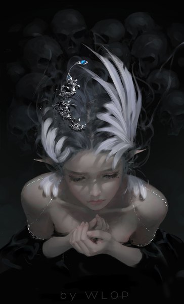 Anime picture 1100x1812 with ghost blade yan (ghost blade) wlop single long hair tall image bare shoulders looking away from above lips pointy ears grey hair realistic mole shadow mole under eye hand on chest eyeshadow mole under mouth girl