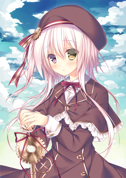 Anime picture 600x849 with original sorai shin'ya single long hair tall image blush fringe hair between eyes purple eyes holding yellow eyes payot pink hair sky cloud (clouds) heterochromia hands clasped girl dress hat