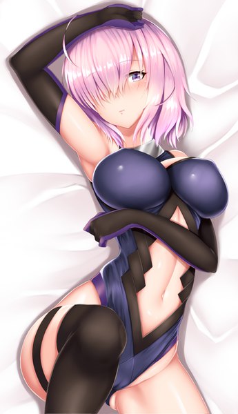 Anime picture 700x1215 with fate (series) fate/grand order mash kyrielight zukky single tall image looking at viewer blush fringe breasts light erotic simple background large breasts white background purple eyes pink hair ahoge bent knee (knees) lying hair over one eye