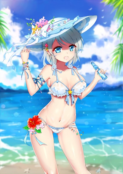 Anime picture 1120x1583 with love live! sunshine!! sunrise (studio) love live! watanabe you isy single tall image fringe short hair breasts open mouth blue eyes light erotic standing looking away sky silver hair cloud (clouds) sparkle beach
