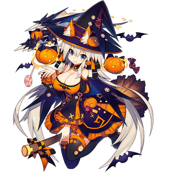 Anime picture 1024x1024 with uchi no hime-sama ga ichiban kawaii astaroth (uchi no hime-sama) mamuru single blush fringe breasts blue eyes light erotic blonde hair hair between eyes large breasts bare shoulders animal ears cleavage very long hair fake animal ears halloween transparent background witch