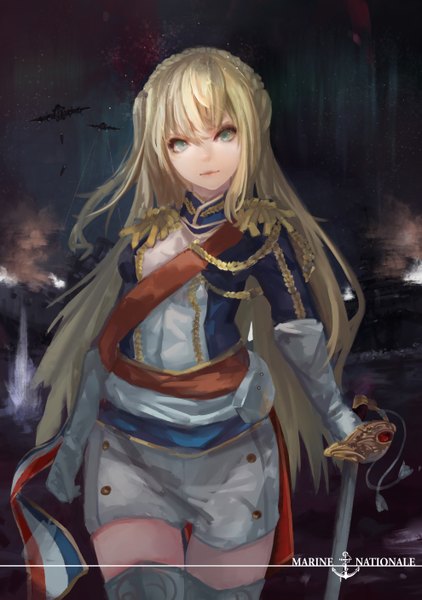 Anime picture 1980x2815 with magician (china) single long hair tall image looking at viewer highres blue eyes blonde hair girl uniform weapon sword aircraft airplane