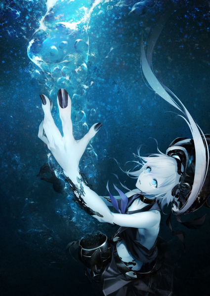 Anime picture 724x1023 with kantai collection destroyer hime kodama (wa-ka-me) single long hair tall image fringe hair between eyes white hair aqua eyes fingernails tears torn clothes outstretched arm side ponytail looking up underwater white skin shinkaisei-kan girl