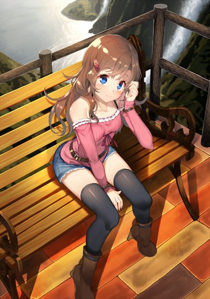 Anime picture 565x800 with original yappen single long hair tall image looking at viewer blush blue eyes brown hair sitting bare shoulders girl thighhighs black thighhighs shorts boots short shorts bench