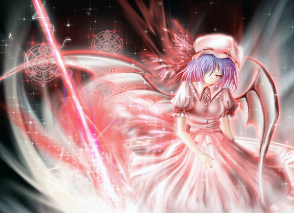 Anime picture 2338x1700 with touhou remilia scarlet saber 01 single fringe highres short hair red eyes blue hair hair over one eye magic bat wings girl dress hat wings magic circle spear the gungnir
