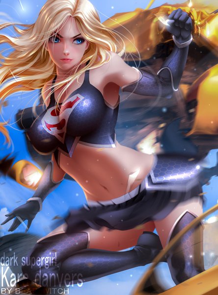 Anime picture 1000x1350 with dc comics supergirl bearwitch single long hair tall image blue eyes light erotic blonde hair signed looking away bent knee (knees) realistic midriff character names lipstick watermark pink lipstick adapted costume alternate color