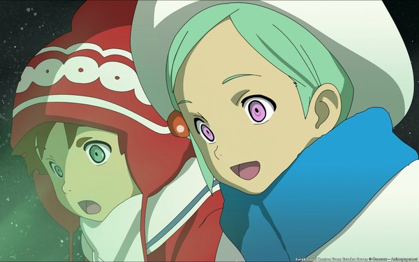 Anime picture 1920x1200 with eureka seven studio bones eureka renton thurston highres open mouth brown hair wide image purple eyes green eyes green hair night night sky couple light snowing vector screenshot girl boy