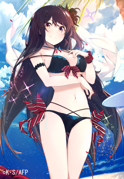 Anime picture 695x1000 with ange vierge mildred (ange vierge) benio (dontsugel) single long hair tall image looking at viewer blush fringe breasts light erotic smile brown hair bare shoulders yellow eyes sky cloud (clouds) bare legs bare belly sparkle