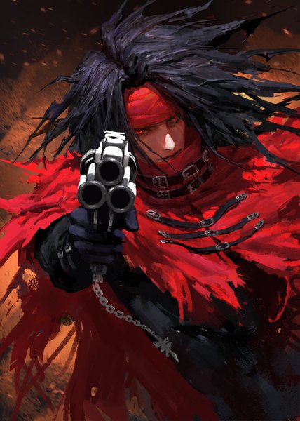 Anime picture 650x912 with final fantasy final fantasy vii square enix vincent valentine diaodiao single long hair tall image looking at viewer black hair red eyes holding torn clothes serious messy hair boy gloves weapon black gloves belt