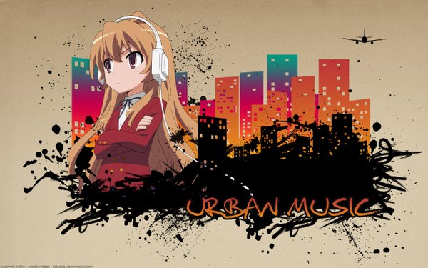 Anime picture 2560x1600 with toradora j.c. staff aisaka taiga tanaka masayoshi fiifo (artist) single long hair looking at viewer highres brown hair wide image brown eyes signed wallpaper crossed arms vector silhouette brown background girl uniform