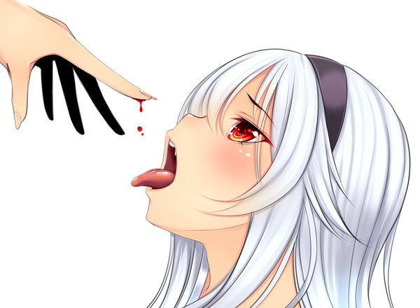 Anime picture 3000x2200 with original afilia (kiyomin) kiyomin long hair blush highres open mouth simple background red eyes white background white hair profile vampire girl hairband tongue blood