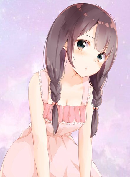 Anime picture 925x1258 with original manatsuki manata single long hair tall image looking at viewer blush fringe breasts cleavage braid (braids) parted lips head tilt black eyes leaning leaning forward sleeveless girl hair ornament frills