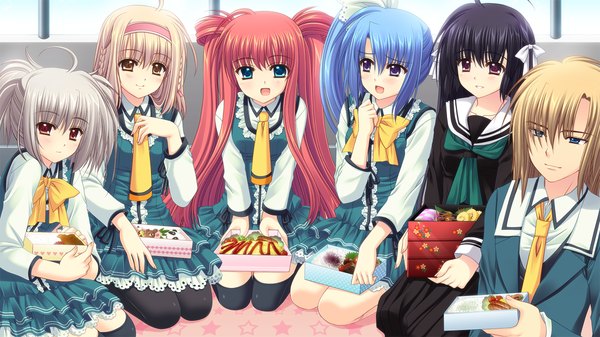 Anime picture 1280x720 with world wide love! (game) munemoto tsubakiko kona nako hananomiya ako touno sakurako yamino yumeko long hair blue eyes black hair blonde hair red eyes wide image purple eyes multiple girls blue hair game cg red hair grey hair 6+ girls 6 girls