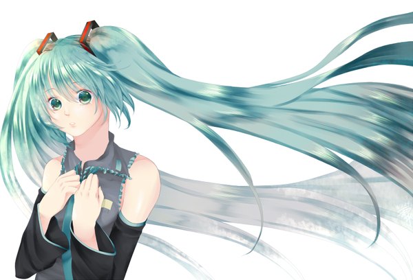 Anime picture 1600x1089 with vocaloid hatsune miku single long hair simple background white background twintails bare shoulders aqua eyes aqua hair girl detached sleeves necktie