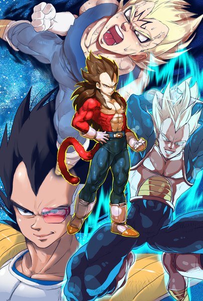 Anime picture 1181x1748 with dragon ball vegeta majin vegeta supobi long hair tall image looking at viewer short hair open mouth black hair blonde hair brown hair looking away tail animal tail black eyes hand on hip muscle fighting stance boy