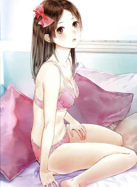 Anime picture 2500x3401 with original kishida mel single long hair tall image looking at viewer blush highres open mouth light erotic brown hair sitting bare shoulders brown eyes bare legs bare belly underwear only kneeling wariza girl