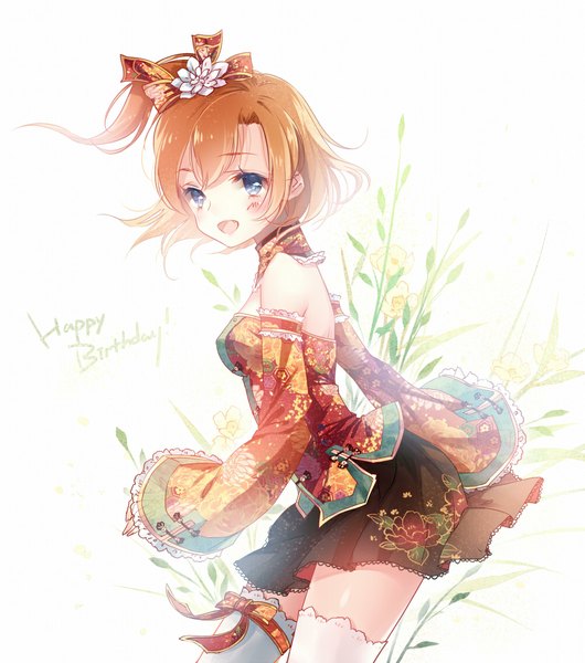 Anime picture 1000x1131 with love live! school idol project sunrise (studio) love live! kousaka honoka kieta tall image blush short hair open mouth blue eyes brown hair bare shoulders one side up girl thighhighs dress hair ornament flower (flowers) detached sleeves white thighhighs
