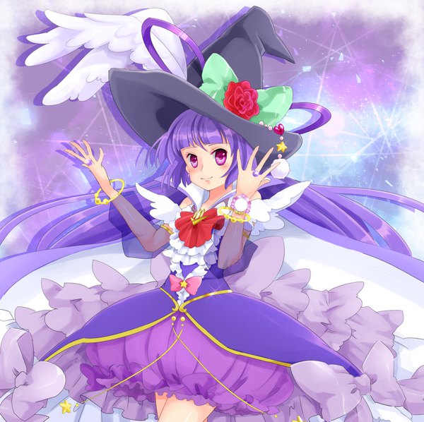 Anime picture 1500x1495 with precure mahou girls precure! toei animation izayoi riko cure magical tsuka d single looking at viewer blush fringe short hair smile purple eyes purple hair blunt bangs arm up girl dress flower (flowers) bow