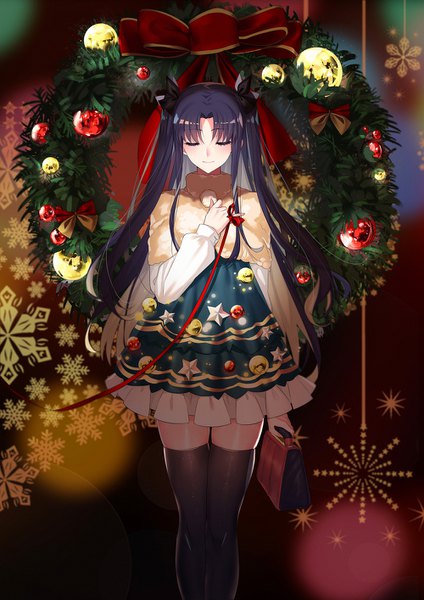 Anime picture 1000x1414 with fate (series) fate/grand order ishtar (fate) yaoshi jun single long hair tall image fringe black hair smile eyes closed two side up zettai ryouiki christmas merry christmas girl thighhighs dress ribbon (ribbons) black thighhighs