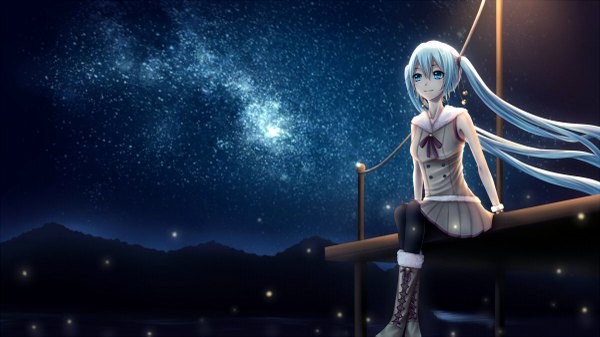 Anime picture 1200x675 with vocaloid hatsune miku rysus single blue eyes wide image sitting twintails bare shoulders blue hair very long hair night mountain girl boots star (stars)
