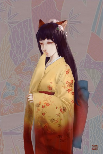 Anime picture 1333x2000 with naruto studio pierrot naruto (series) hyuuga hinata single long hair tall image black hair animal ears traditional clothes japanese clothes profile cat ears looking down makeup white eyes girl hair ornament flower (flowers) kimono