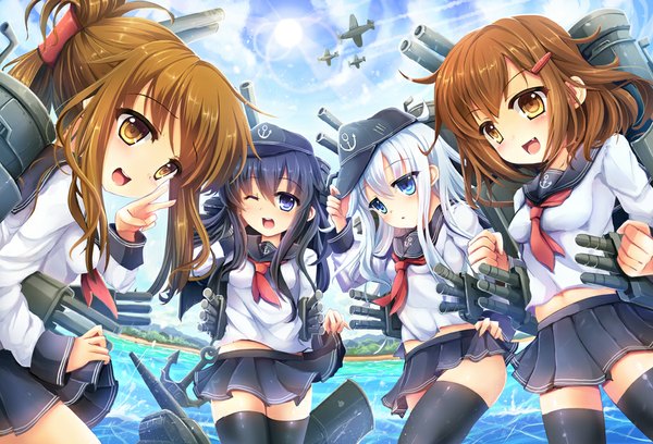 Anime picture 1030x701 with kantai collection hibiki destroyer akatsuki destroyer inazuma destroyer ikazuchi destroyer goushou long hair blush short hair open mouth blue eyes black hair brown hair multiple girls brown eyes white hair one eye closed wink loli girl